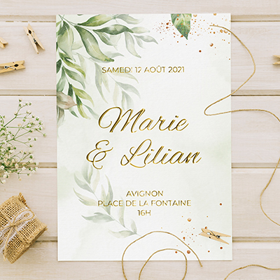 Flyer mariage avec des finitions dorées